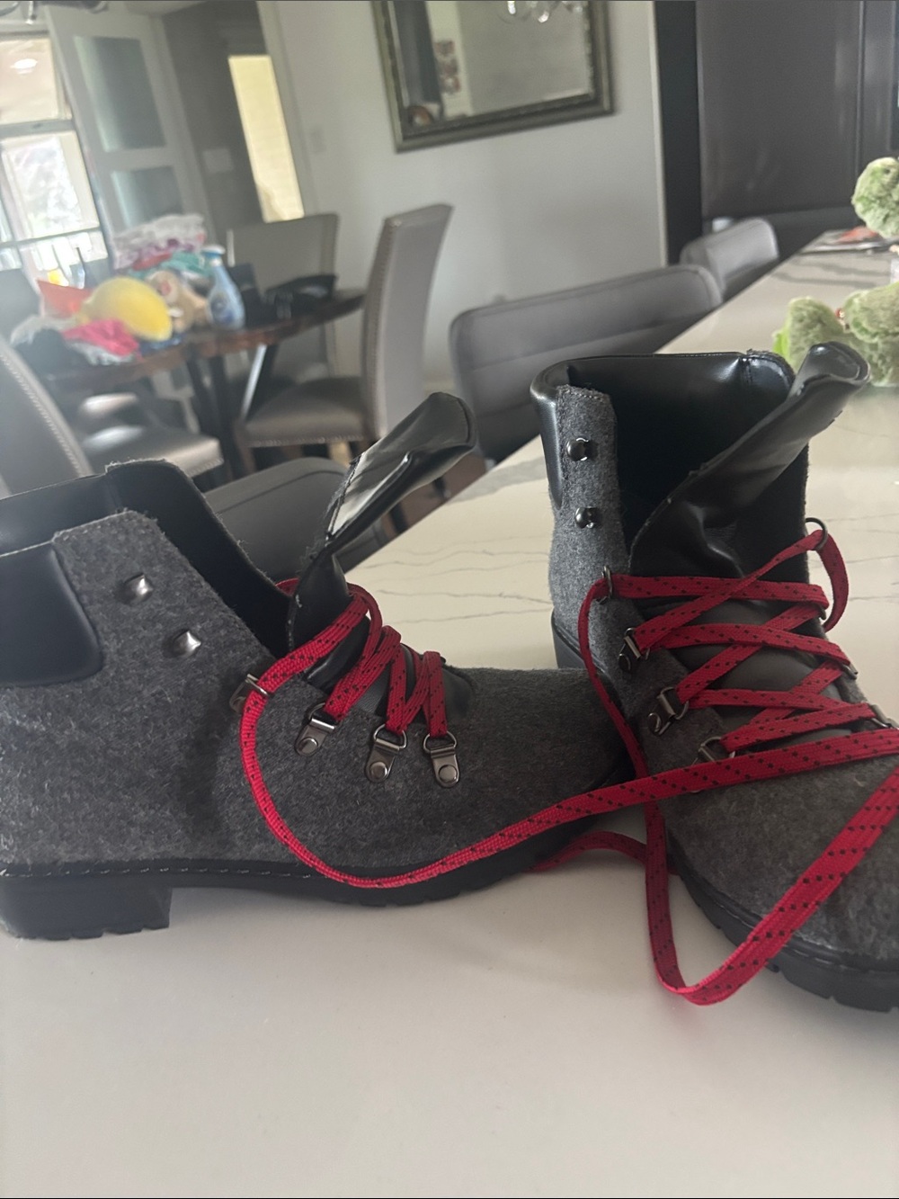 Bass Gray Felt Lace-Up Boots with Red Laces